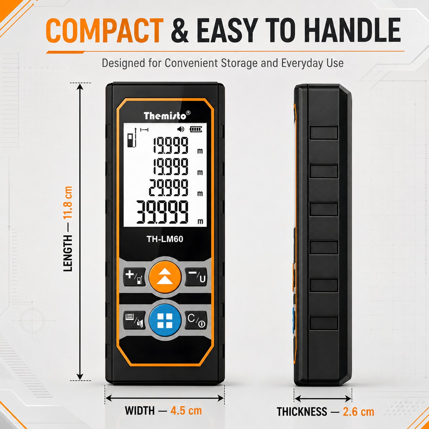 Themisto TH-LM60 Laser Distance Meter | 60M Range | Area, Volume & Pythagorean Measurement | Backlit LCD | Unit Conversion | Memory Function
