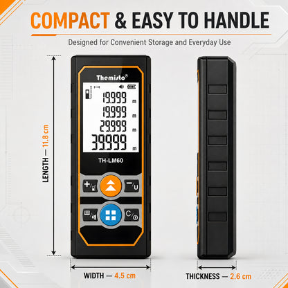 Themisto TH-LM60 Laser Distance Meter | 60M Range | Area, Volume & Pythagorean Measurement | Backlit LCD | Unit Conversion | Memory Function