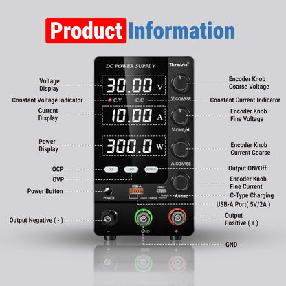 Themisto TH-SPS3010S Adjustable DC Bench Power Supply 0–30V 0–10A, Regulated Switching Power Source with 5V/2A USB Output, 300W High Precision Lab Power Unit