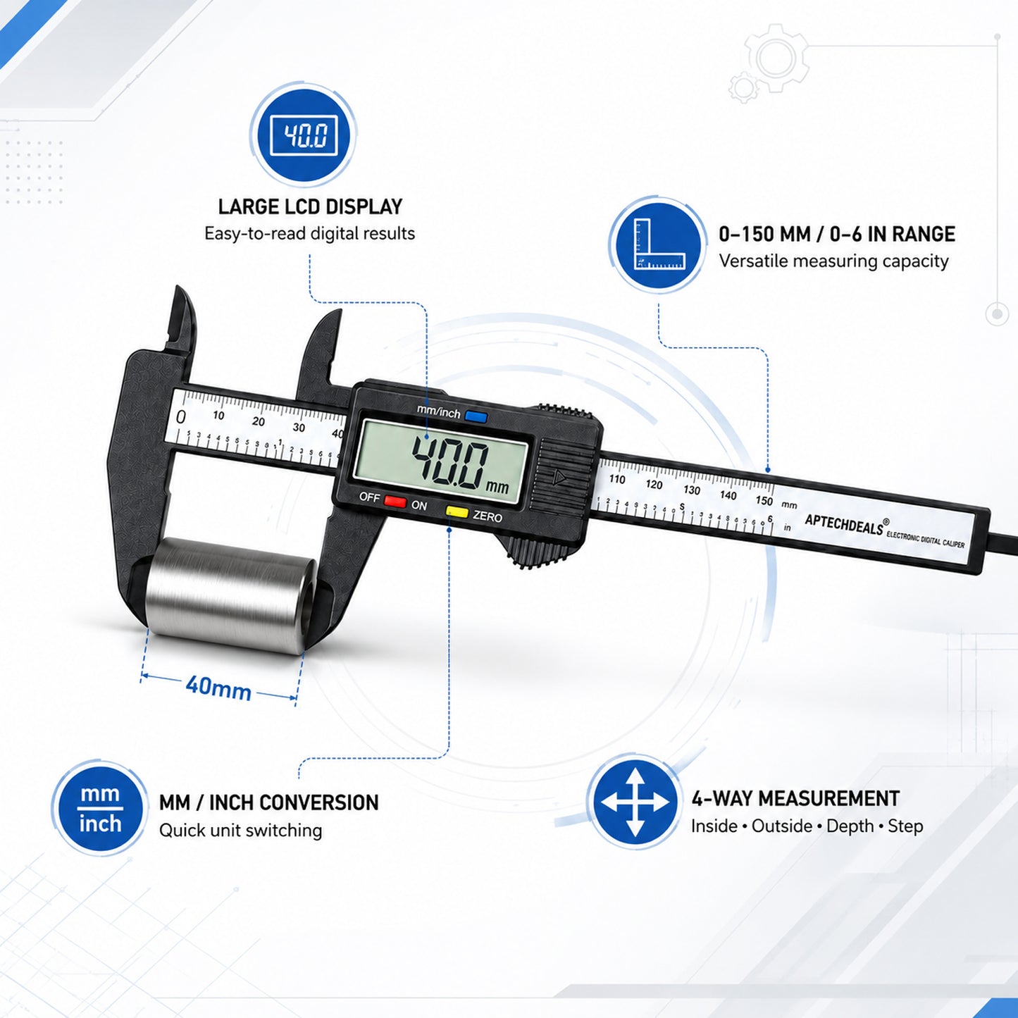 Aptechdeals AP-V150 Digital Vernier Caliper (0–150mm) | LCD Display | Plastic Body | 4 Measurement Modes | mm/Inch Conversion | Zero Setting | Precision Measuring Tool