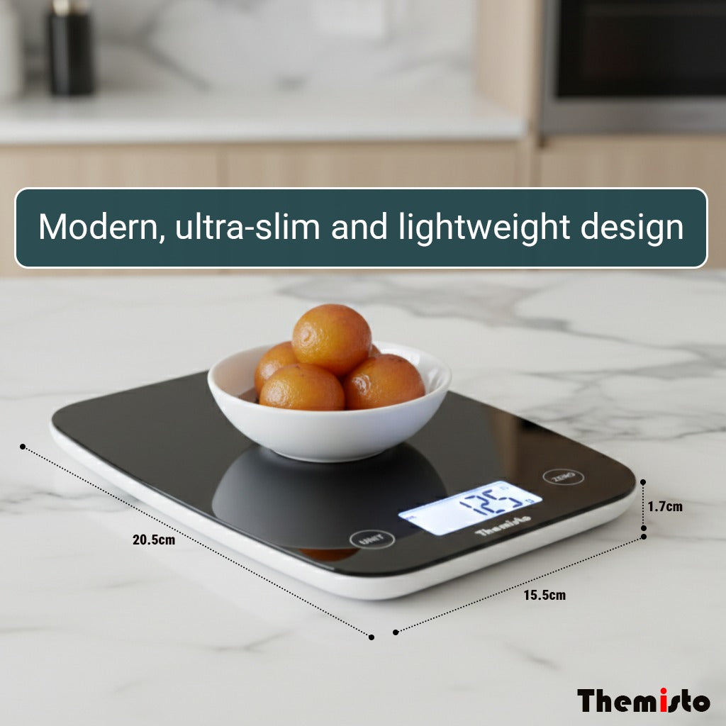 Themisto TH-WS18  Digital Kitchen Weighing Scale With Touch Screen Controls | Max Capacity 5kg |Black Matte Finish | Tare Function