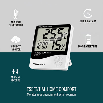 Aptechdeals HTC-1 Digital Hygrometer Thermometer Humidity Meter With Clock LCD Display