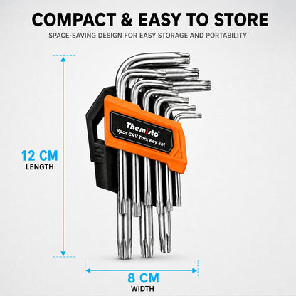 THEMISTO TH-T09T 9 Pcs CR-V Torx Key Set | L-Shaped Star Key Set | Chrome Vanadium Steel | Hex/Torx Wrench Set with Storage Holder