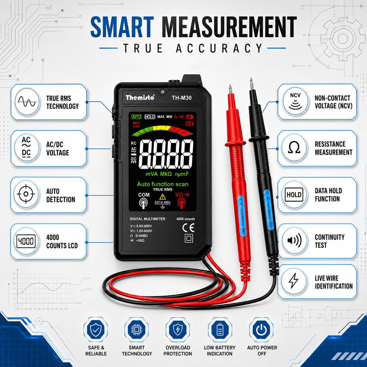 Themisto TH-M30 Smart Digital Multimeter | True RMS | 4000 Counts | Auto Function Scan | NCV Live Detection | AC/DC Voltage Tester | Resistance, Continuity Tester | LCD Display with Test Leads