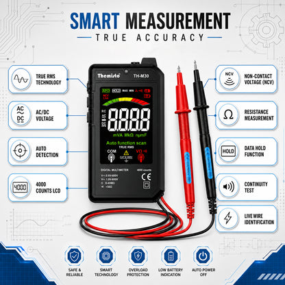 Themisto TH-M30 Smart Digital Multimeter | True RMS | 4000 Counts | Auto Function Scan | NCV Live Detection | AC/DC Voltage Tester | Resistance, Continuity Tester | LCD Display with Test Leads