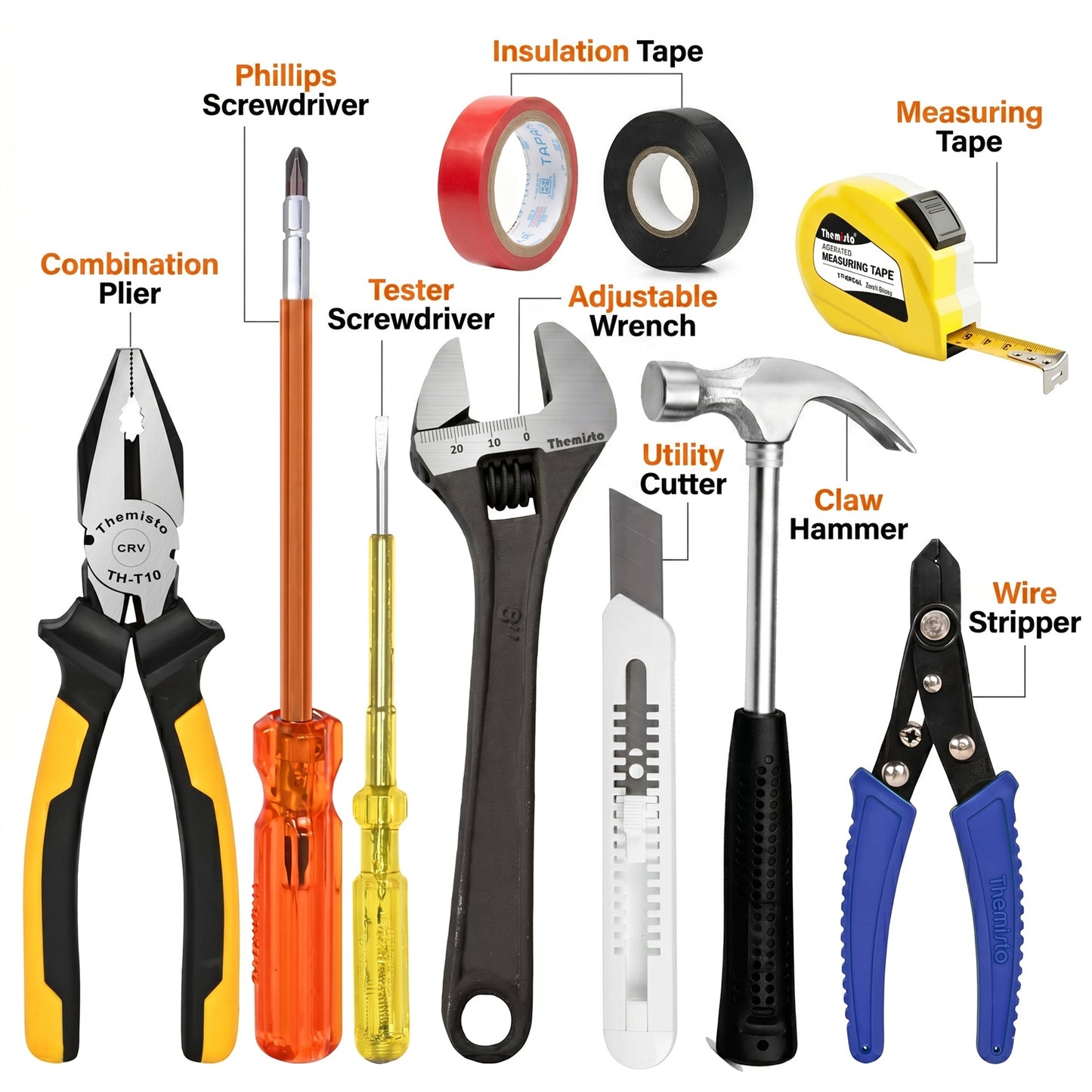 THEMISTO TH-TK04 | 10 IN 1 | Hand Tool Kit ( 8" Plier, 8" Wrench, 8" Hex Screwdriver, Electric Tester, Wire Stripper, Paper Cutter, 400g Claw hammer, 3m Measuring Tape, Black & Red Insulation Tape
