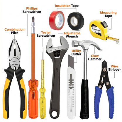 THEMISTO TH-TK04 | 10 IN 1 | Hand Tool Kit ( 8" Plier, 8" Wrench, 8" Hex Screwdriver, Electric Tester, Wire Stripper, Paper Cutter, 400g Claw hammer, 3m Measuring Tape, Black & Red Insulation Tape