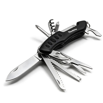 THEMISTO TH-T40 10 in 1 Multi Tool Pocket Knife, Folding Multi Functional Hand Tool with Knife, Saw, Scissors, Screwdriver, Bottle Opener, File & Corkscrew for Camping, Travel & DIY