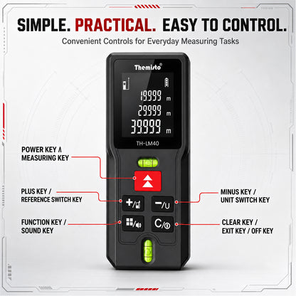 Themisto TH-LM40 Laser Distance Meter | 40M Range | Dual Bubble Levels | Area, Volume & Pythagorean Measurement | Backlit LCD Display | Auto Calculation