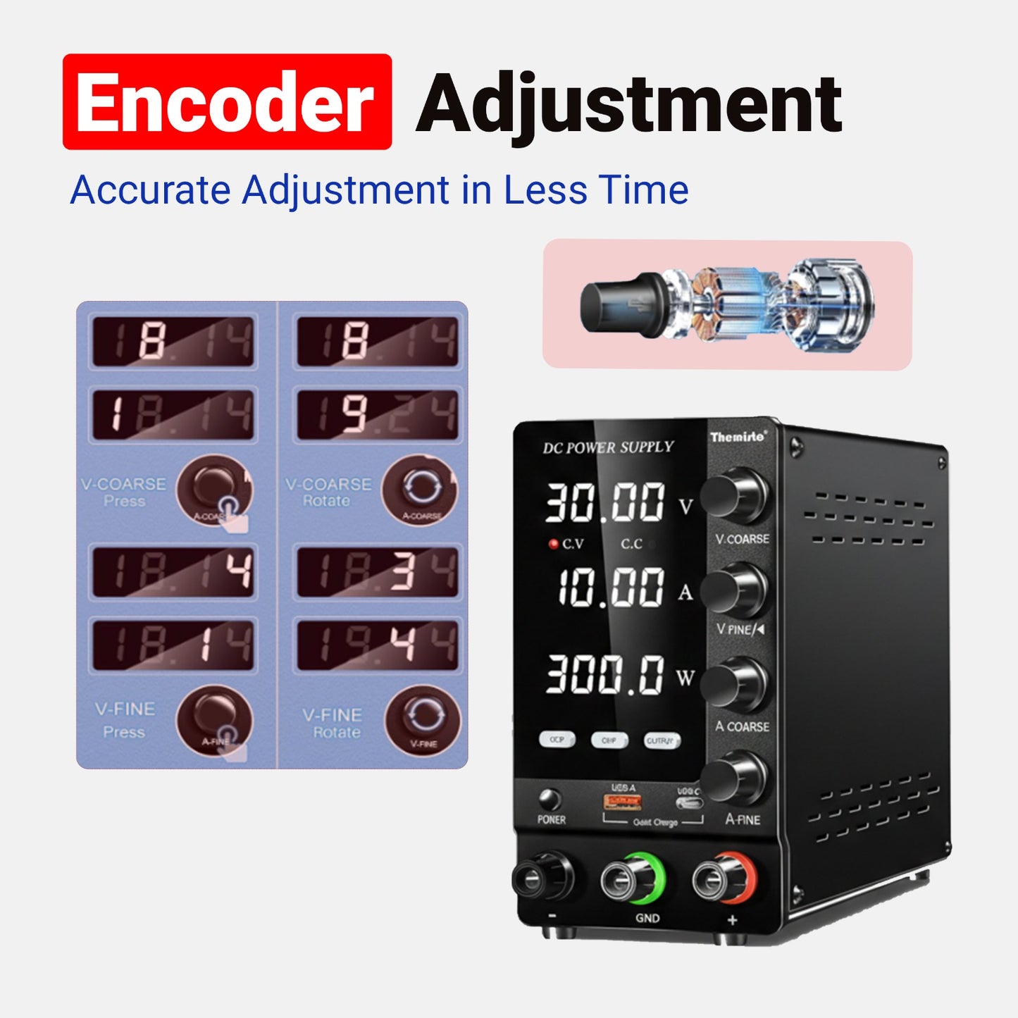 Themisto TH-SPS3010S Adjustable DC Bench Power Supply 0–30V 0–10A, Regulated Switching Power Source with 5V/2A USB Output, 300W High Precision Lab Power Unit