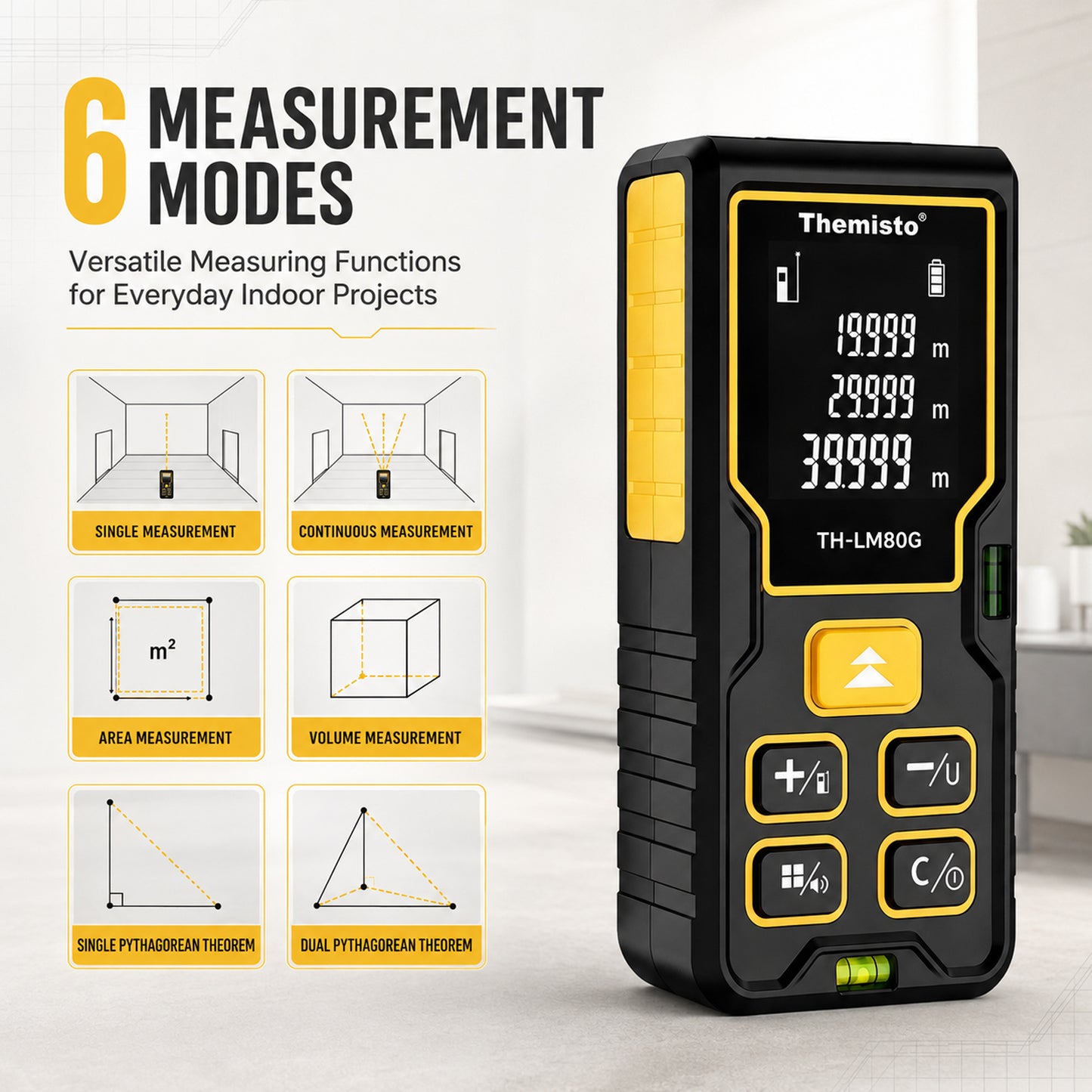 Themisto TH-LM80G Laser Distance Meter | Green Laser | 80M Range | Dual Bubble Levels | Area, Volume & Pythagorean Measurement | Backlit LCD Display | Auto Calculation