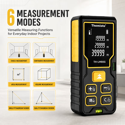 Themisto TH-LM80G Laser Distance Meter | Green Laser | 80M Range | Dual Bubble Levels | Area, Volume & Pythagorean Measurement | Backlit LCD Display | Auto Calculation