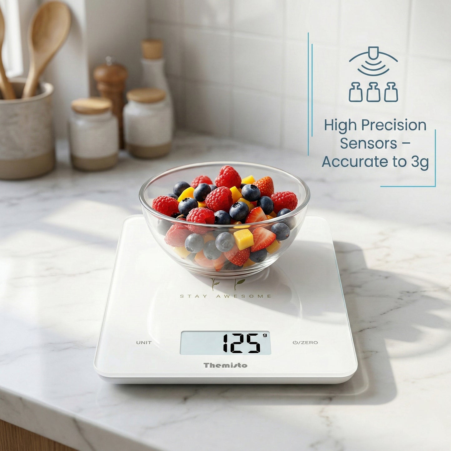 Themisto TH-WS19  Digital Kitchen Weighing Scale With Touch Screen Controls | Max Capacity 5kg | Tempered Glass | Tare Function