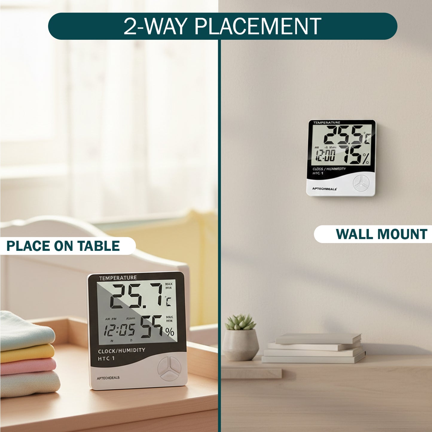 Aptechdeals HTC-1 Digital Hygrometer Thermometer Humidity Meter With Clock LCD Display