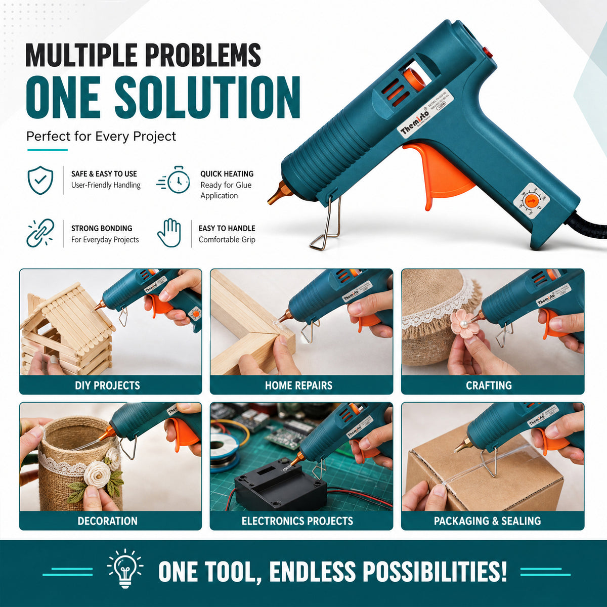 Themisto (TH-GG150) 150 Watt Hot Melt Glue Gun With 5 Yellow Glue Sticks | Military Green