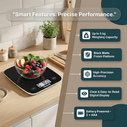 Themisto TH-WS18  Digital Kitchen Weighing Scale With Touch Screen Controls | Max Capacity 5kg |Black Matte Finish | Tare Function