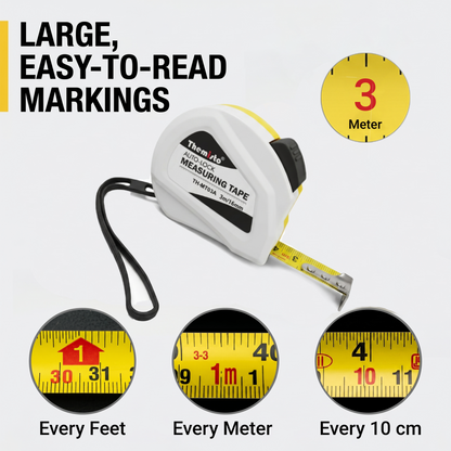 Themisto TH-MT03A 3m Auto Lock Measuring Tape | Steel Blade Tape Measure | 16mm Wide Scale | Easy Read Markings | One Button Retract | Wrist Strap | Belt Clip