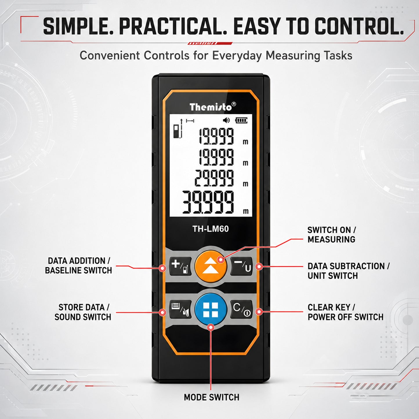 Themisto TH-LM60 Laser Distance Meter | 60M Range | Area, Volume & Pythagorean Measurement | Backlit LCD | Unit Conversion | Memory Function
