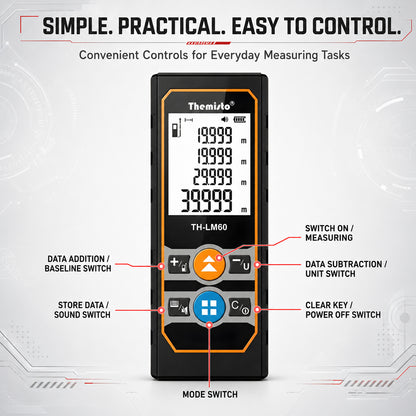 Themisto TH-LM60 Laser Distance Meter | 60M Range | Area, Volume & Pythagorean Measurement | Backlit LCD | Unit Conversion | Memory Function
