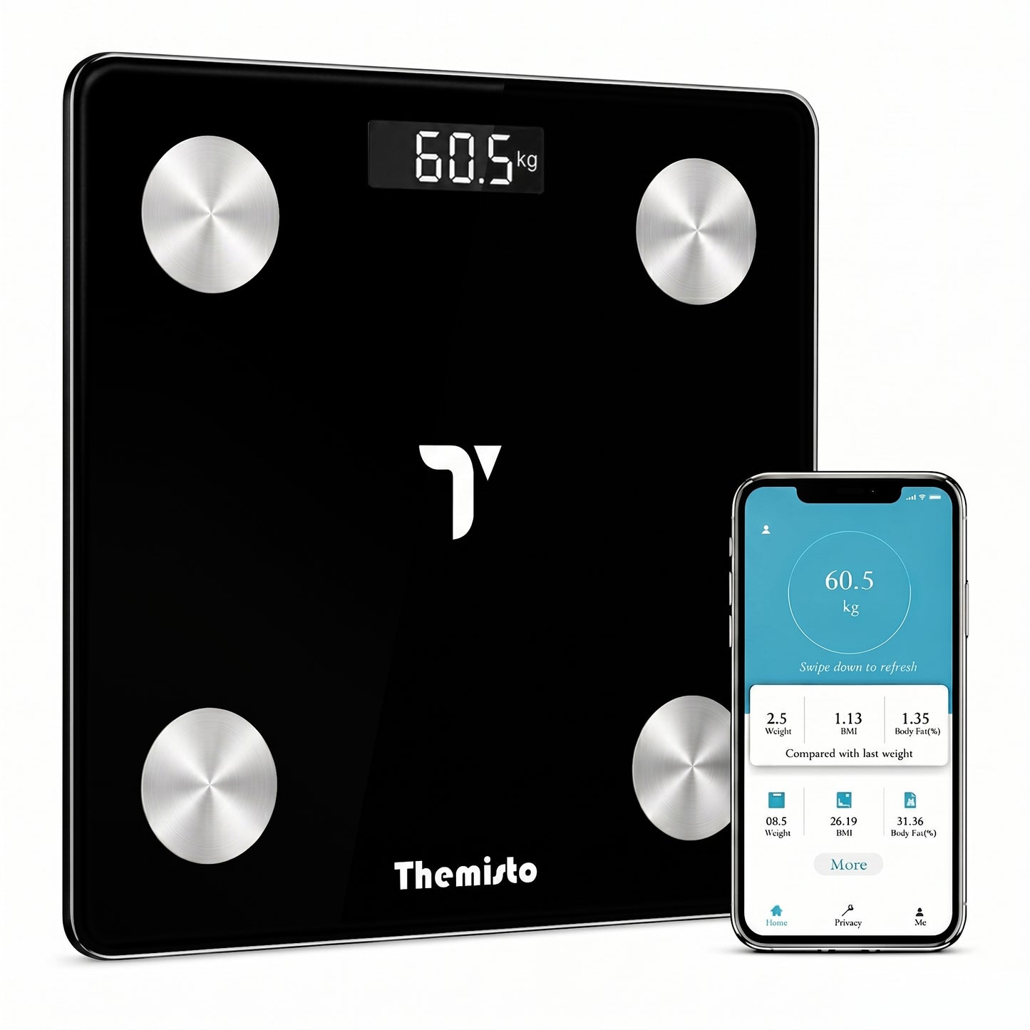 Themisto TH-WS100 Smart Body Weight Scale | Bluetooth App Sync |17 Body Parameters | Multi User Support | Accurate Tracking Ideal for Home and Gym Fitness | Black