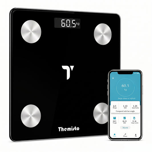 Themisto TH-WS100 Smart Body Weight Scale | Bluetooth App Sync |17 Body Parameters | Multi User Support | Accurate Tracking Ideal for Home and Gym Fitness | Black