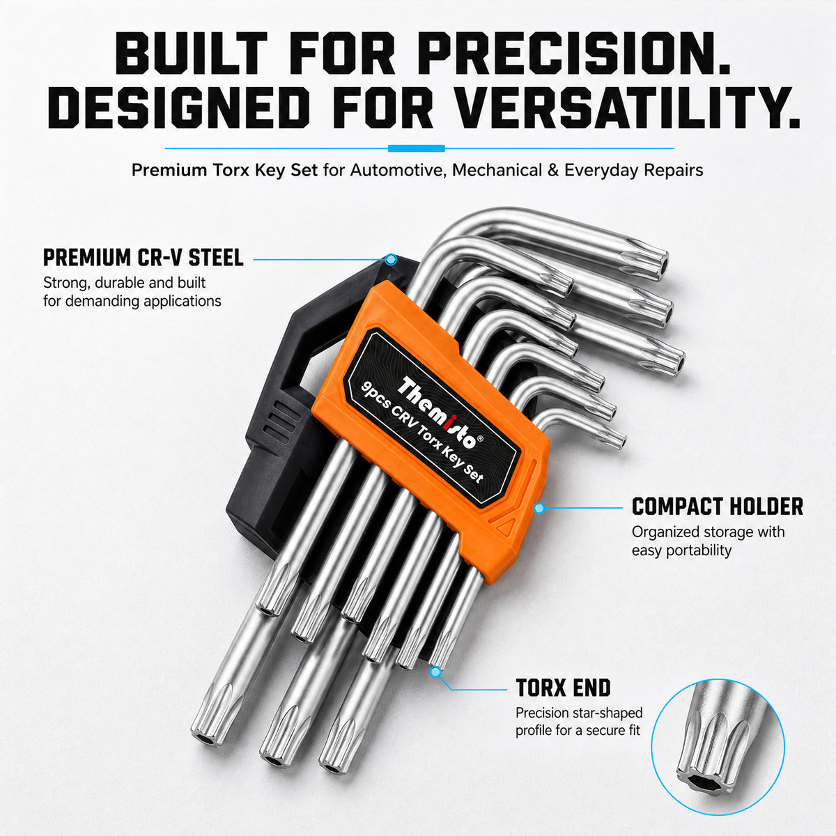 THEMISTO TH-T09T 9 Pcs CR-V Torx Key Set | L-Shaped Star Key Set | Chrome Vanadium Steel | Hex/Torx Wrench Set with Storage Holder