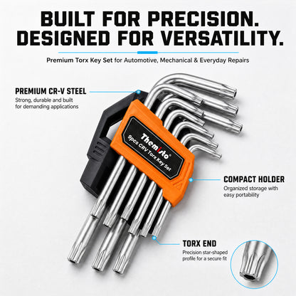 THEMISTO TH-T09T 9 Pcs CR-V Torx Key Set | L-Shaped Star Key Set | Chrome Vanadium Steel | Hex/Torx Wrench Set with Storage Holder