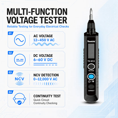 Themisto TH-M12 Digital Voltage Tester | LED Display | Voltage & Continuity Tester| Electrical Test Pen | Compact Handheld Voltage Tester