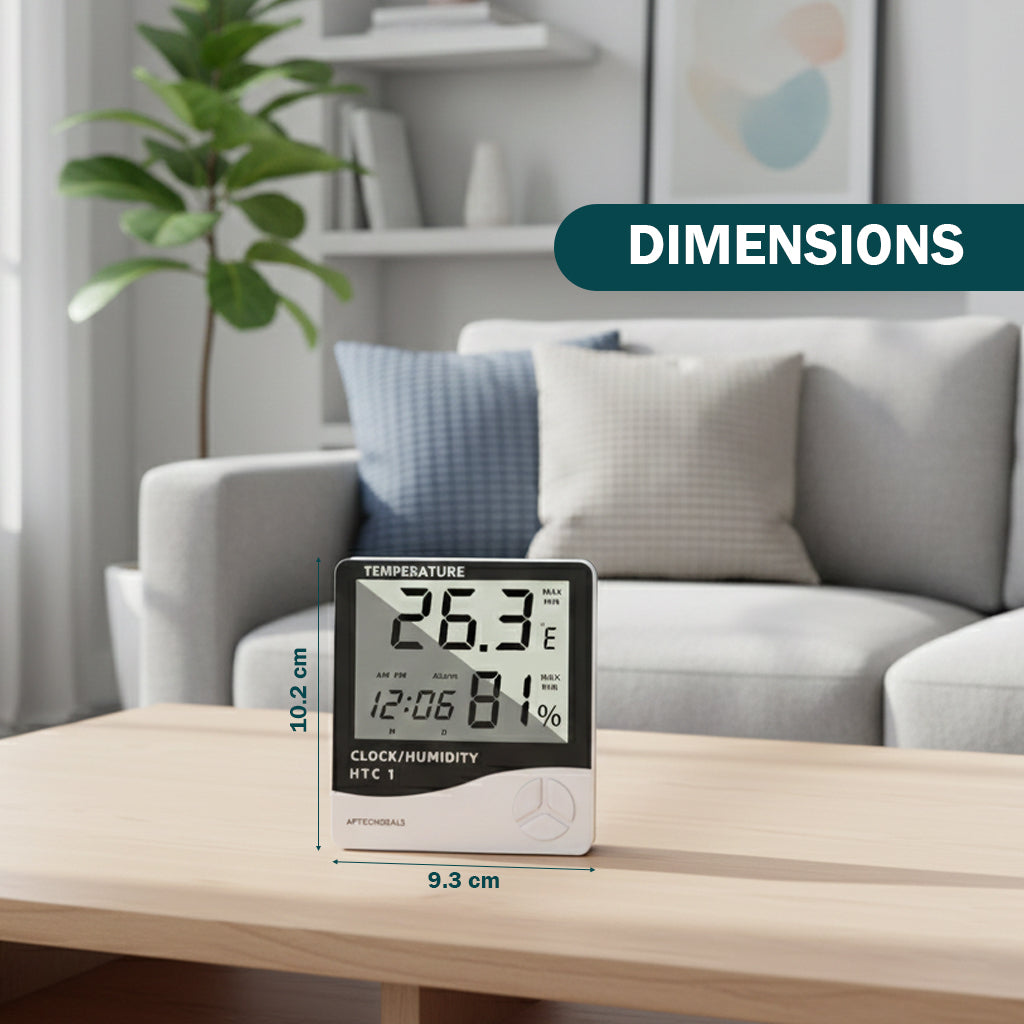 Aptechdeals HTC-1 Digital Hygrometer Thermometer Humidity Meter With Clock LCD Display