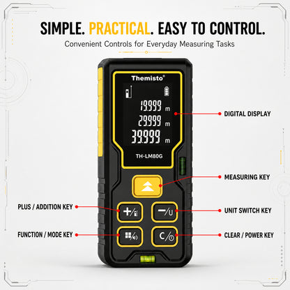 Themisto TH-LM80G Laser Distance Meter | Green Laser | 80M Range | Dual Bubble Levels | Area, Volume & Pythagorean Measurement | Backlit LCD Display | Auto Calculation