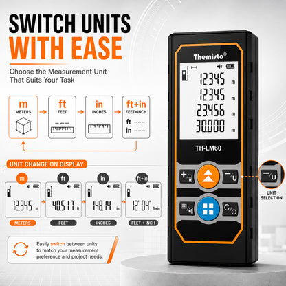 Themisto TH-LM60 Laser Distance Meter | 60M Range | Area, Volume & Pythagorean Measurement | Backlit LCD | Unit Conversion | Memory Function