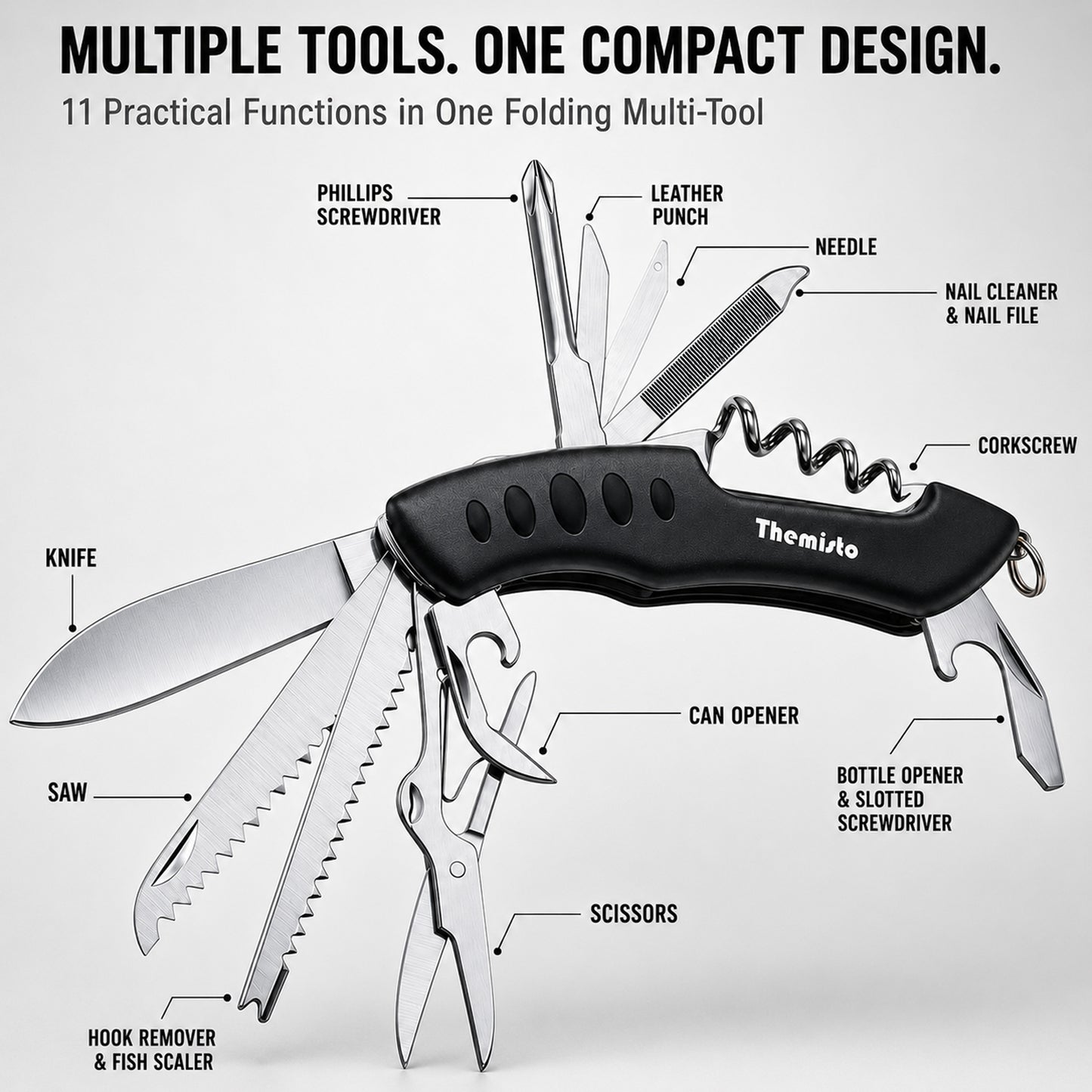 THEMISTO TH-T40 10 in 1 Multi Tool Pocket Knife, Folding Multi Functional Hand Tool with Knife, Saw, Scissors, Screwdriver, Bottle Opener, File & Corkscrew for Camping, Travel & DIY