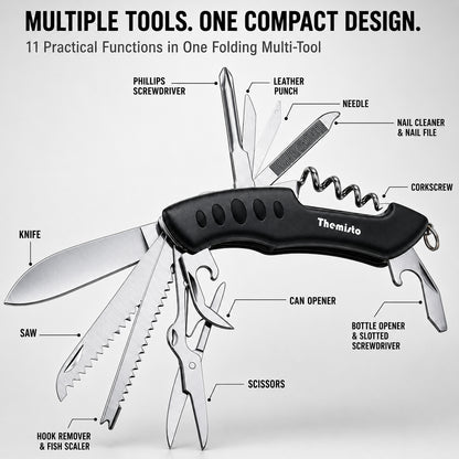 THEMISTO TH-T40 10 in 1 Multi Tool Pocket Knife, Folding Multi Functional Hand Tool with Knife, Saw, Scissors, Screwdriver, Bottle Opener, File & Corkscrew for Camping, Travel & DIY