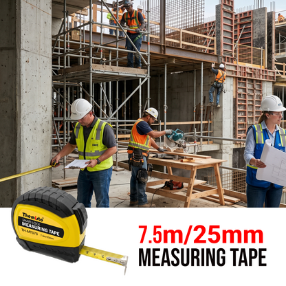 Themisto TH-MT07S 7.5m Smart Lock Measuring Tape | Steel Blade Tape Measure | Non Slip TPR Grip | 25mm Wide Scale | Easy Read Markings | One Button Retract | Wrist Strap | Belt Clip