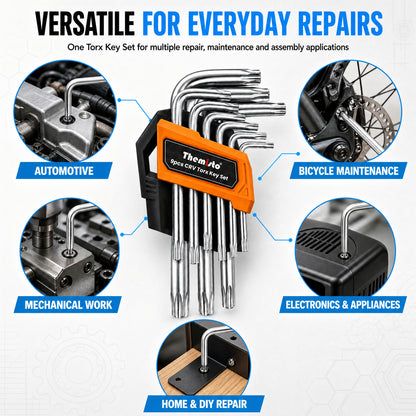 THEMISTO TH-T09T 9 Pcs CR-V Torx Key Set | L-Shaped Star Key Set | Chrome Vanadium Steel | Hex/Torx Wrench Set with Storage Holder