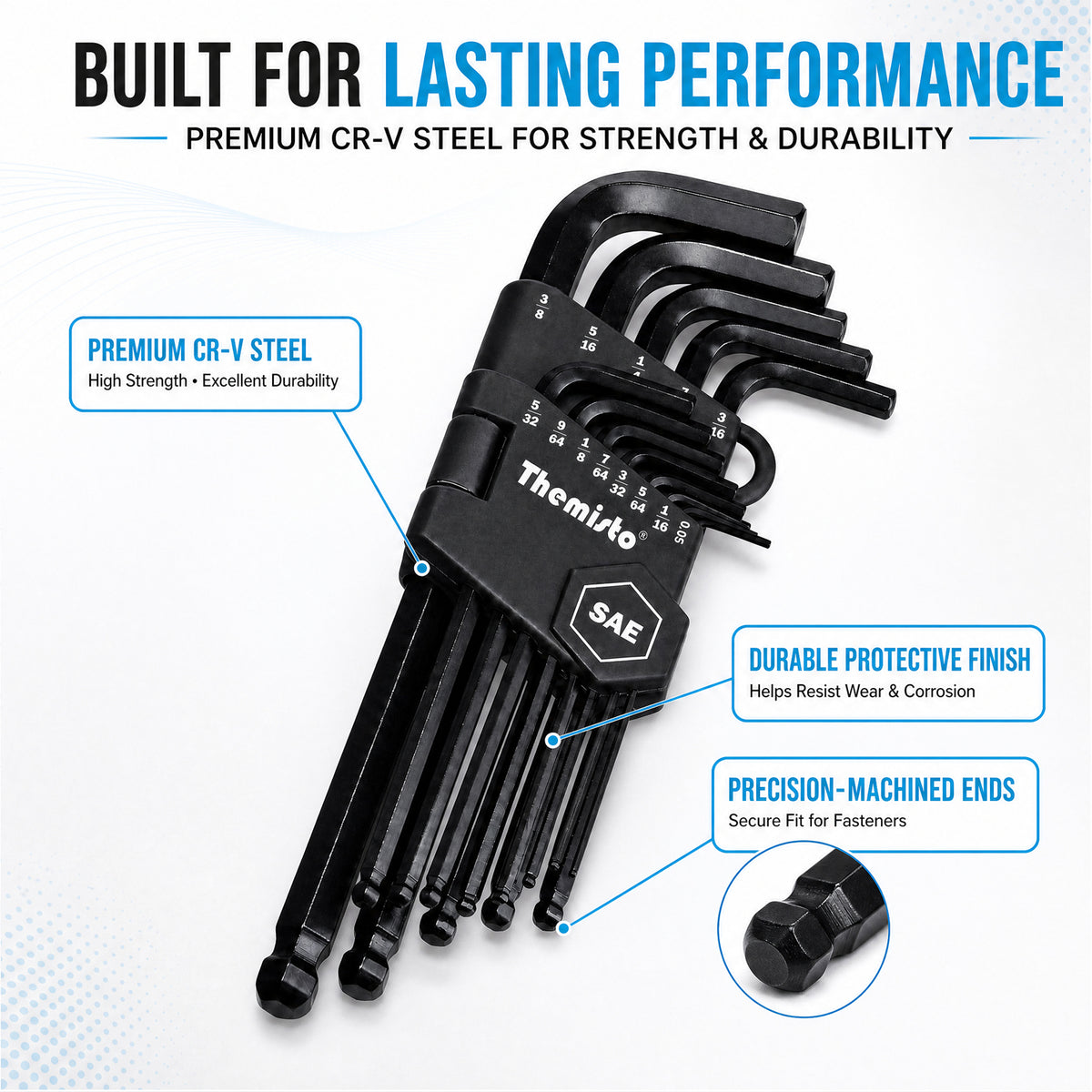 THEMISTO TH-T113S 13 Pcs SAE Hex Key Set | Inch Allen Key Set | L-Shaped Hex Wrenches | SAE Size Set with Storage Holder
