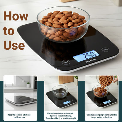 Themisto TH-WS18  Digital Kitchen Weighing Scale With Touch Screen Controls | Max Capacity 5kg |Black Matte Finish | Tare Function