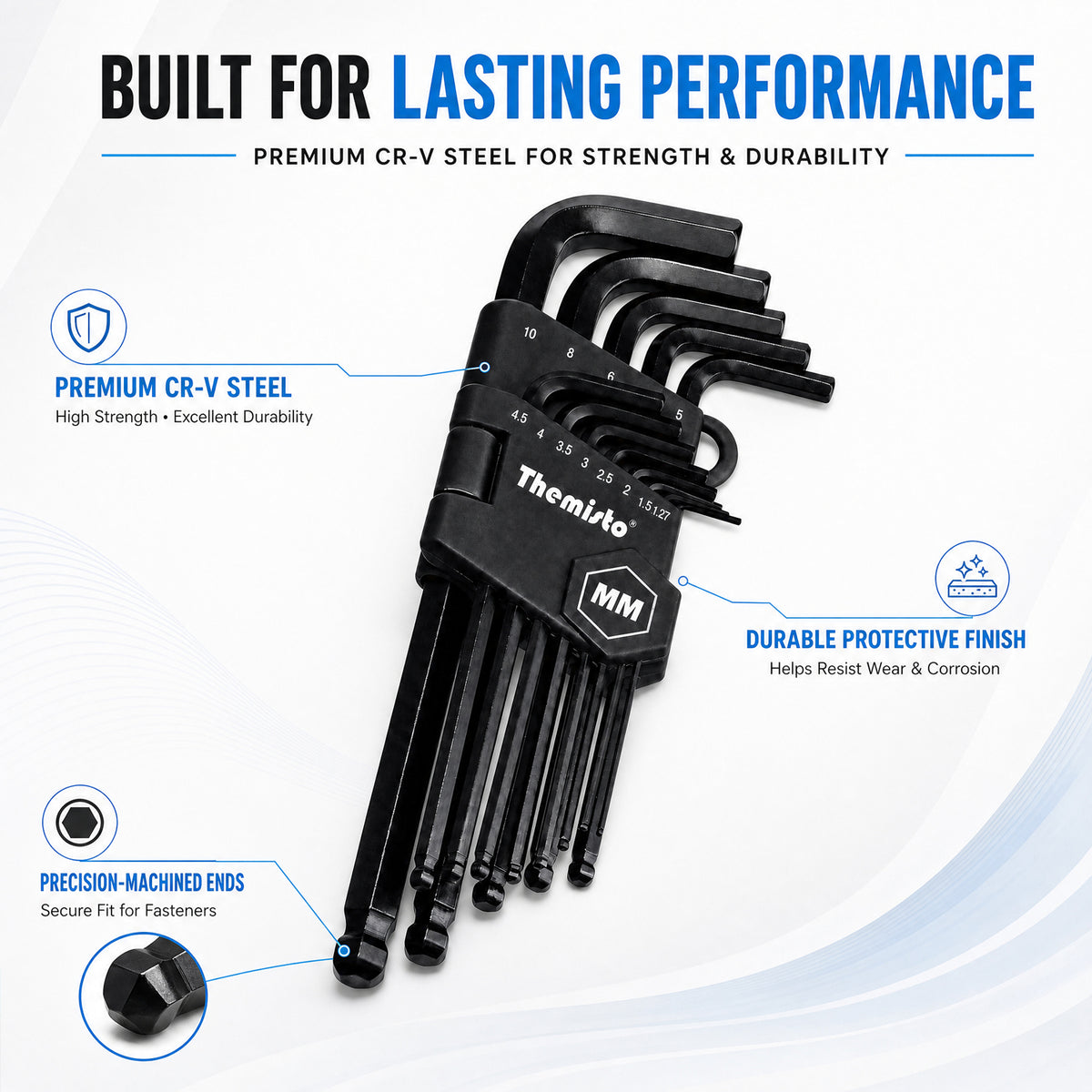 Themisto TH-T113M 13 Pcs Metric Hex Key Set | Allen Key Set | L-Shaped Hex Wrenches | MM Size Set with Storage Holder