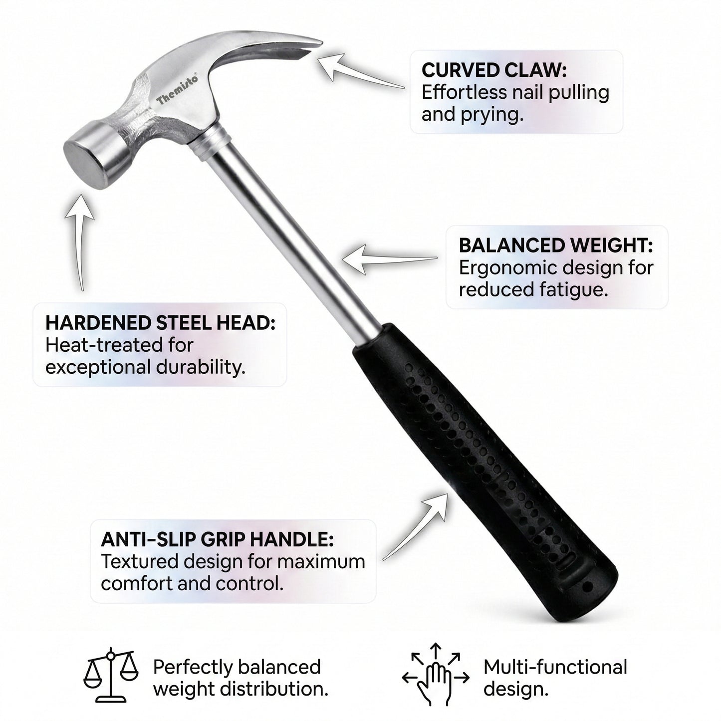 Themisto TH-T32 400g Steel Shaft Claw Hammer With Anti-Slip Handle | Reliable Tool for Woodwork, DIY and Home Maintenance