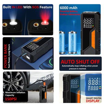 Themisto TH-TY04 Cordless Tyre Inflator 150 PSI, Dual Mode (6000mAh Battery & 12V Port), Pressure Gauge & LED SOS flashLight I Portable Air Compressor I Car, Motorcycle, Bicycles & Other Inflatables