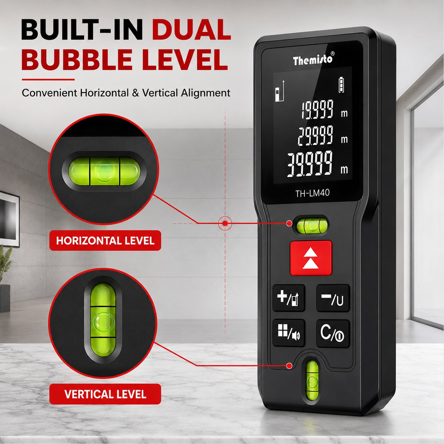 Themisto TH-LM40 Laser Distance Meter | 40M Range | Dual Bubble Levels | Area, Volume & Pythagorean Measurement | Backlit LCD Display | Auto Calculation