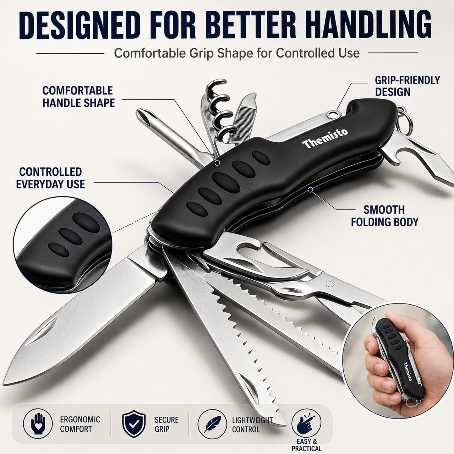 THEMISTO TH-T40 10 in 1 Multi Tool Pocket Knife, Folding Multi Functional Hand Tool with Knife, Saw, Scissors, Screwdriver, Bottle Opener, File & Corkscrew for Camping, Travel & DIY