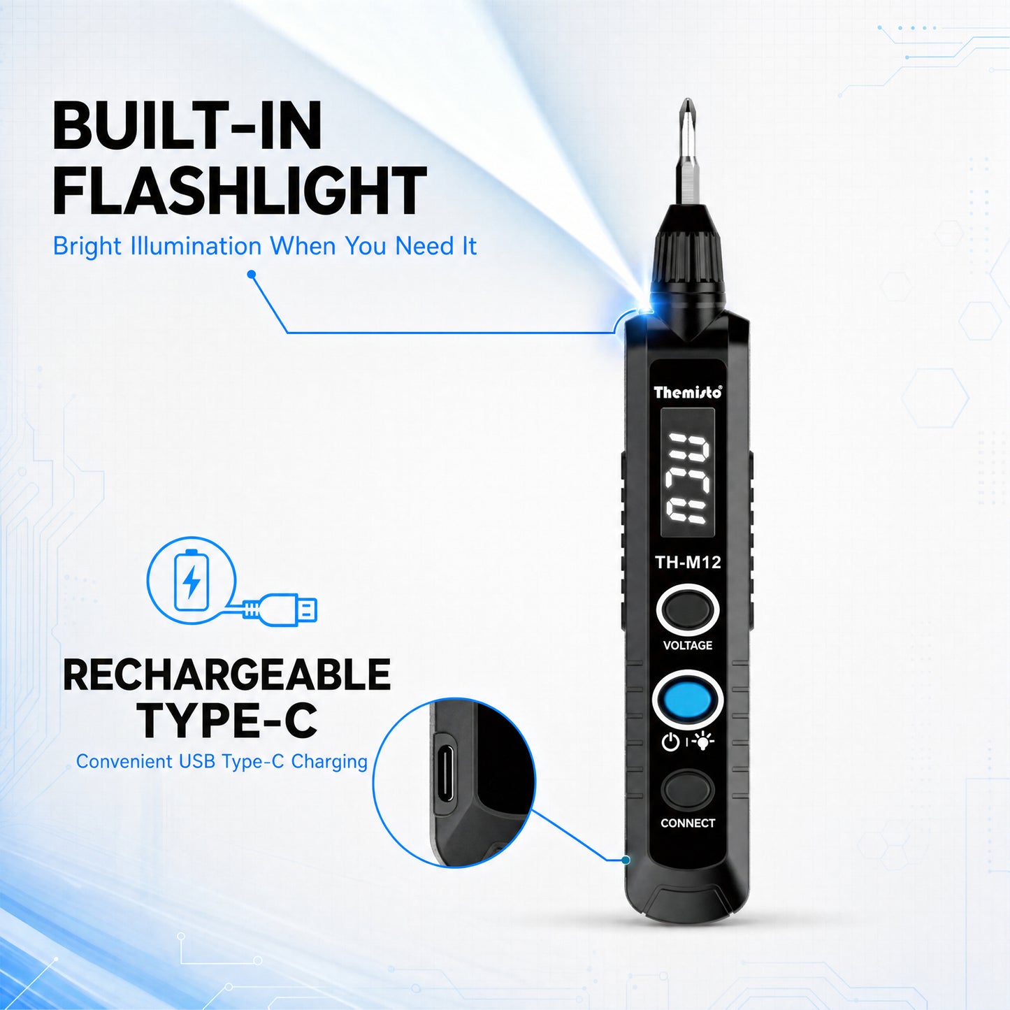 Themisto TH-M12 Digital Voltage Tester | LED Display | Voltage & Continuity Tester| Electrical Test Pen | Compact Handheld Voltage Tester