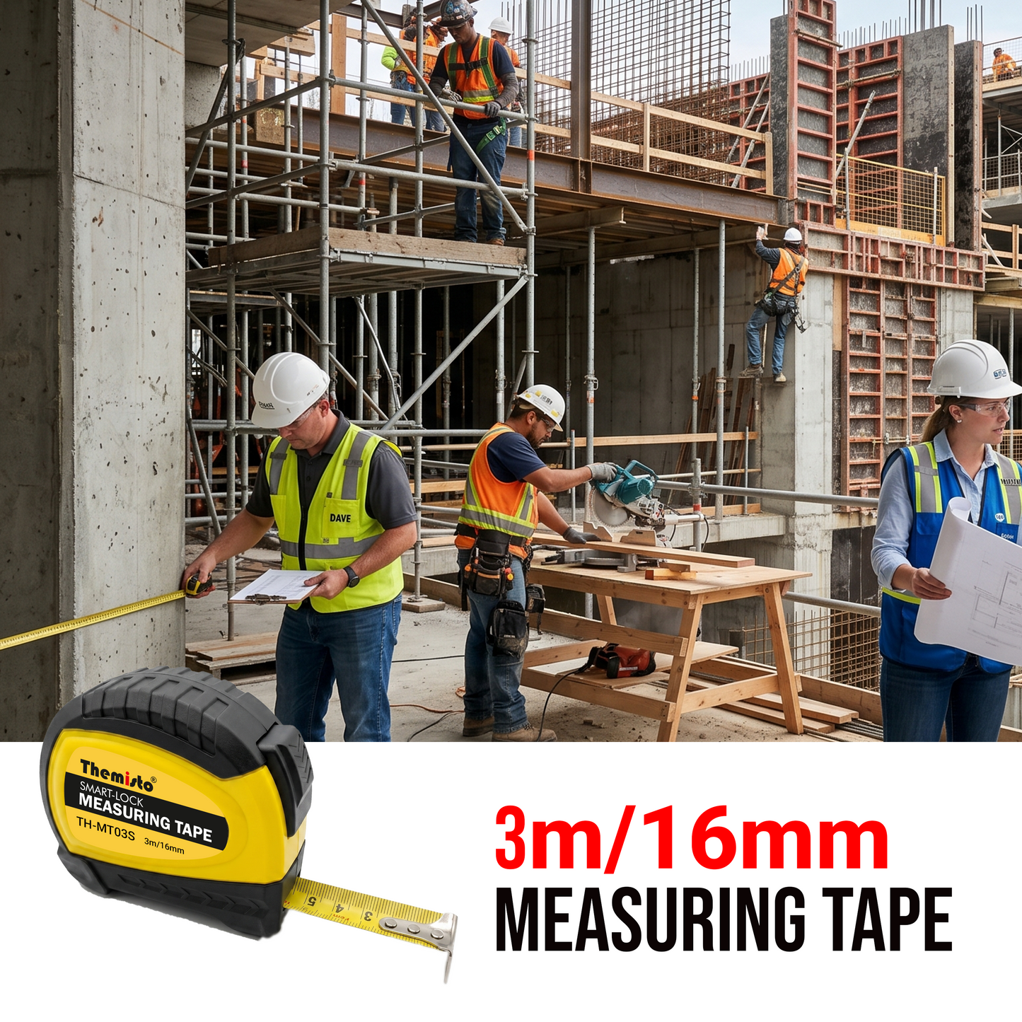 Themisto TH-MT03S 3m Smart Lock Measuring Tape | Steel Blade Tape Measure | 16mm Wide Scale | Easy Read Markings | One Button Retract | Wrist Strap | Belt Clip