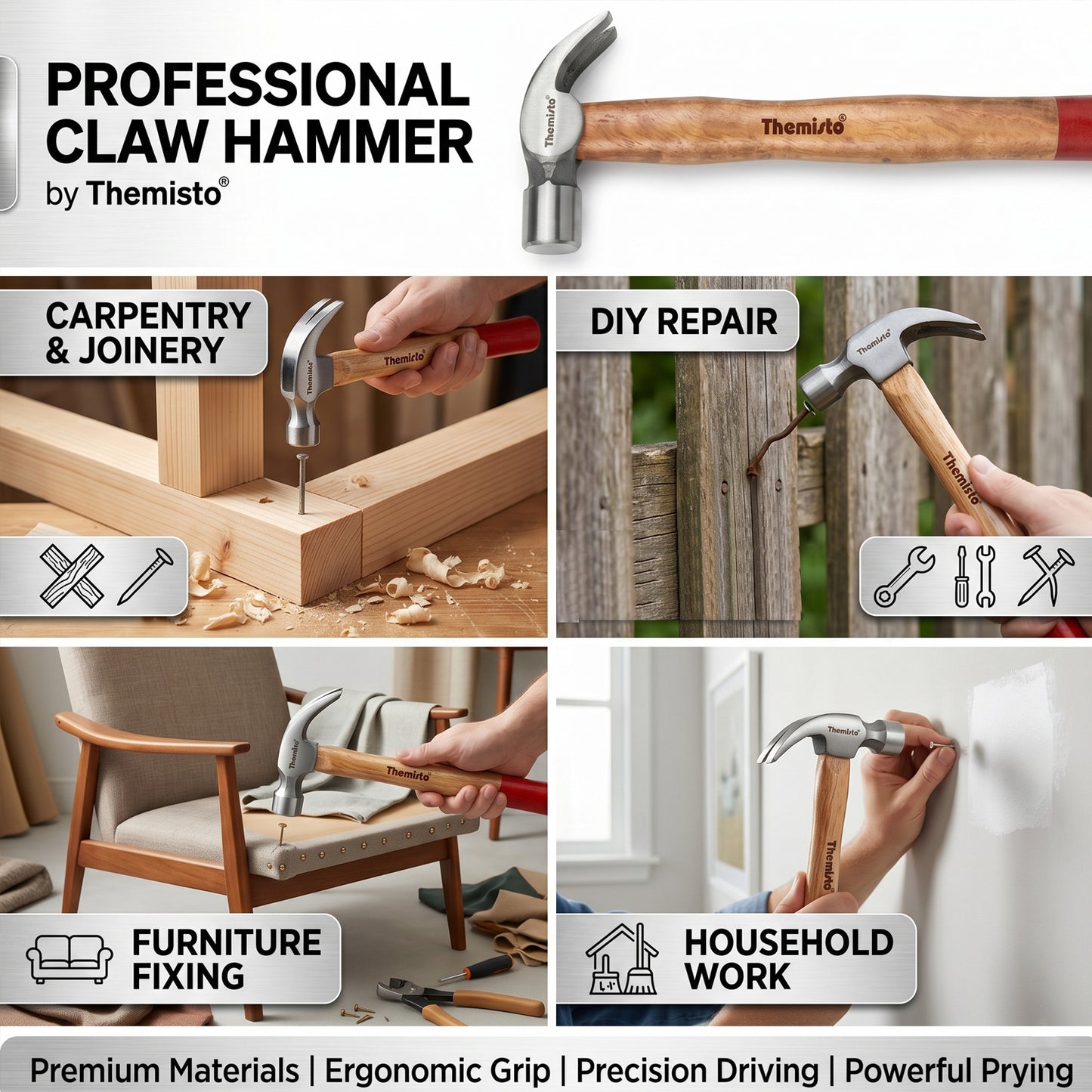 Themisto TH-T33 3/4 lbs Forged Steel Head Claw Hammer with Seasoned Wooden Handle | Strong Non-Slip Grip | Ideal for Home DIY and Professional Use