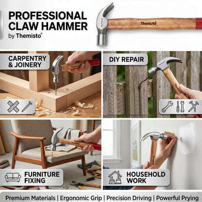 Themisto TH-T33 3/4 lbs Forged Steel Head Claw Hammer with Seasoned Wooden Handle | Strong Non-Slip Grip | Ideal for Home DIY and Professional Use