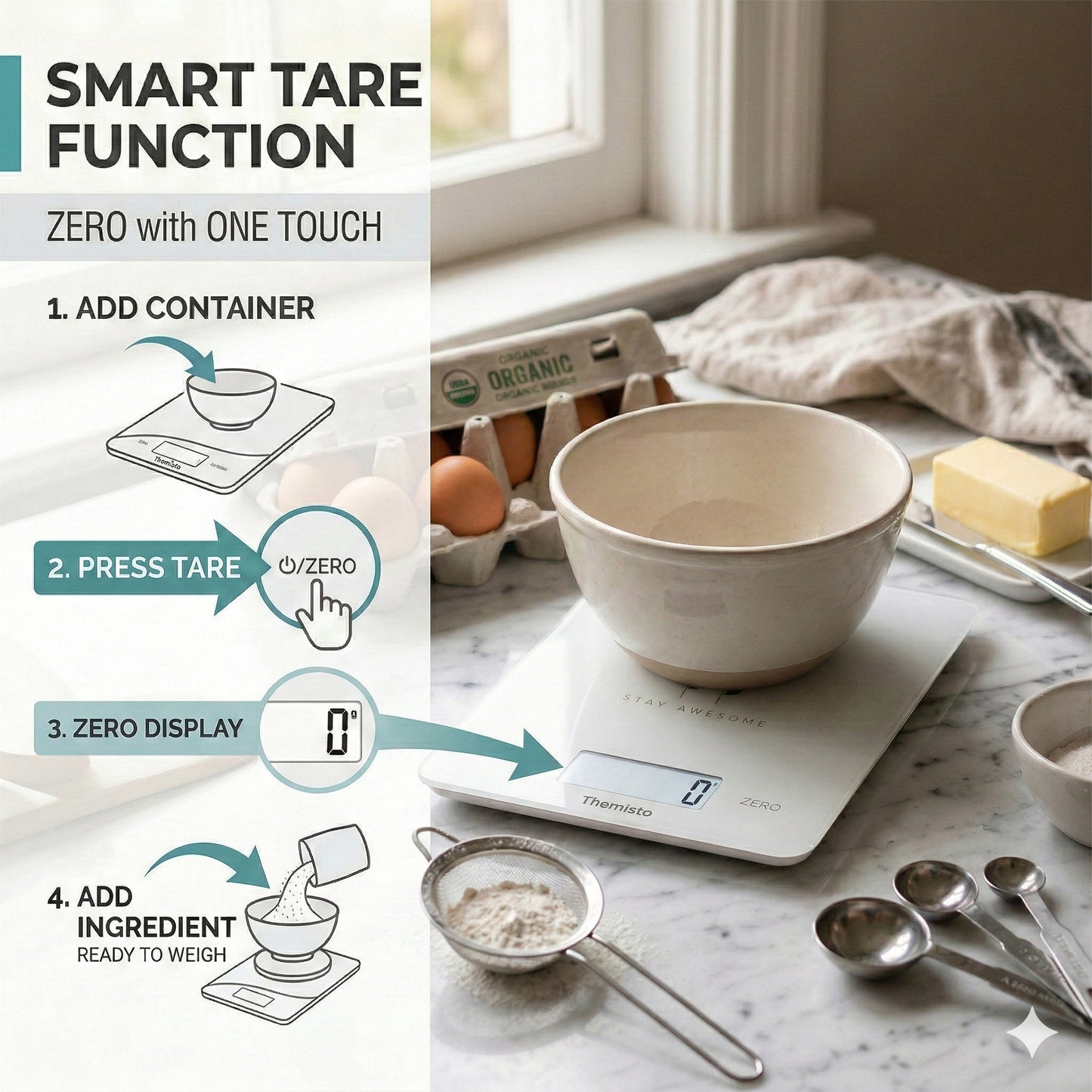 Themisto TH-WS19  Digital Kitchen Weighing Scale With Touch Screen Controls | Max Capacity 5kg | Tempered Glass | Tare Function