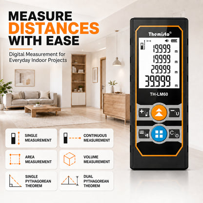 Themisto TH-LM60 Laser Distance Meter | 60M Range | Area, Volume & Pythagorean Measurement | Backlit LCD | Unit Conversion | Memory Function