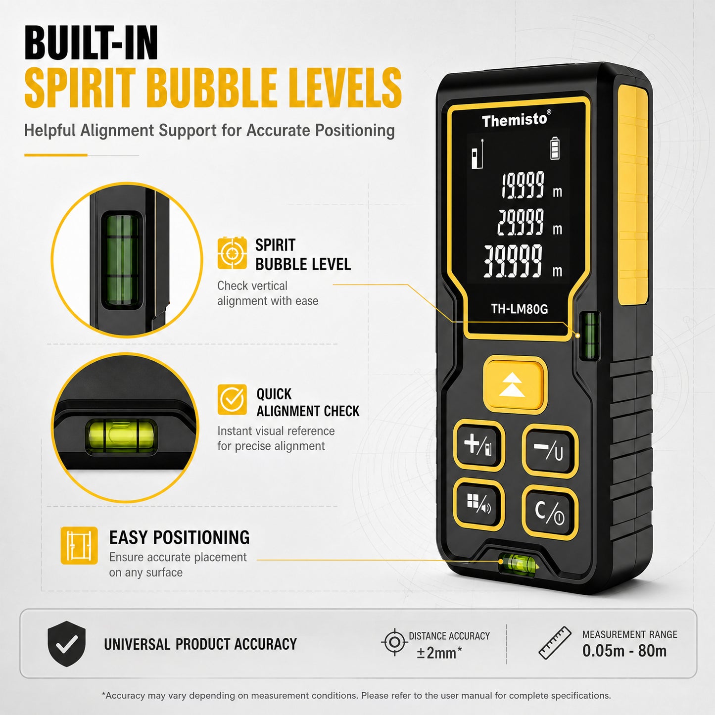 Themisto TH-LM80G Laser Distance Meter | Green Laser | 80M Range | Dual Bubble Levels | Area, Volume & Pythagorean Measurement | Backlit LCD Display | Auto Calculation