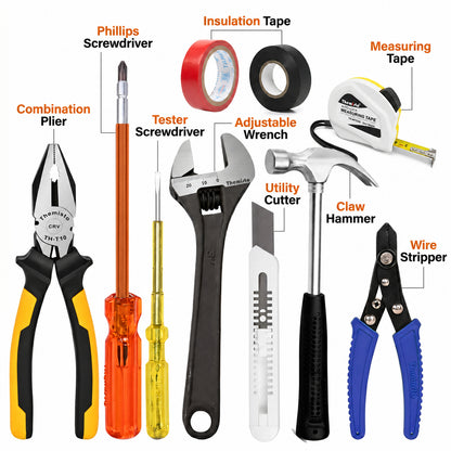 THEMISTO TH-TK04 | 10 IN 1 | Hand Tool Kit ( 8" Plier, 8" Wrench, 8" Hex Screwdriver, Electric Tester, Wire Stripper, Paper Cutter, 400g Claw hammer, 3m Measuring Tape, Black & Red Insulation Tape